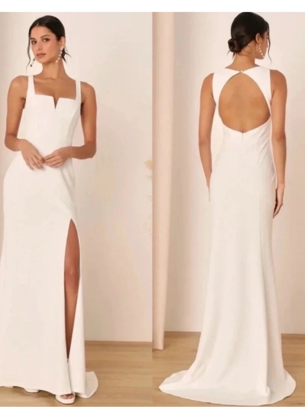 New Lulus Elegant White Open-Back Evening Gown with Front Slit